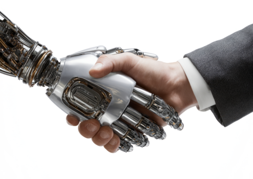 Human Hand Shaking Robotic Hand in Business Agreement in White Background