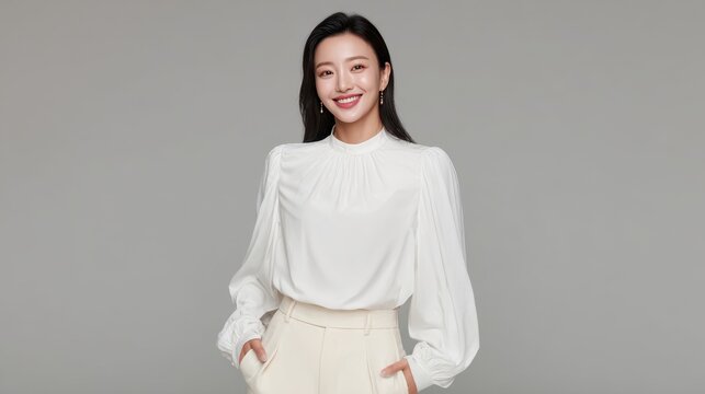 Stylish woman in white outfit poses