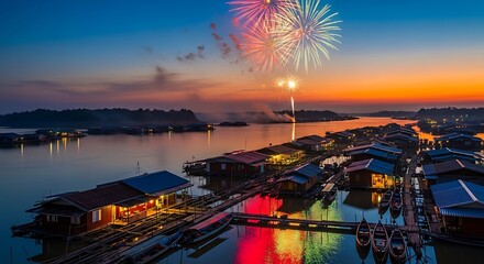 Vibrant fireworks display illuminates a scenic riverside village at dusk.