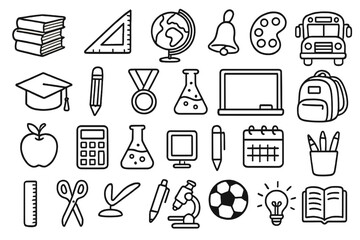 Outline icons set for education and school supplies in black and white