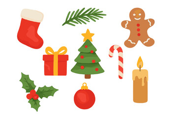 Watercolor style Christmas holiday icons and elements set