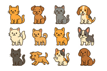 Various cute cartoon kittens and puppies in different colors and poses