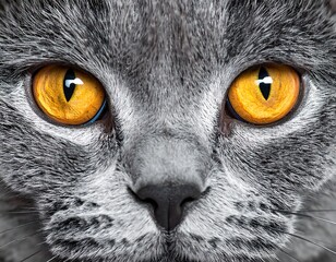 Close-up shot of a gray cat's face with mesmerizing golden eyes