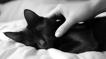 Hand gently petting a resting black cat.