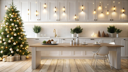 Festive modern white kitchen backdrop with empty wooden table in foreground, Christmas tree and twinkling lights creating a warm, cozy atmosphere for holiday cooking and gatherings