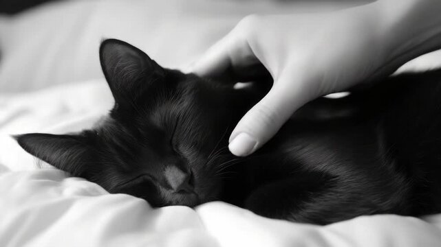 Hand gently petting a resting black cat.