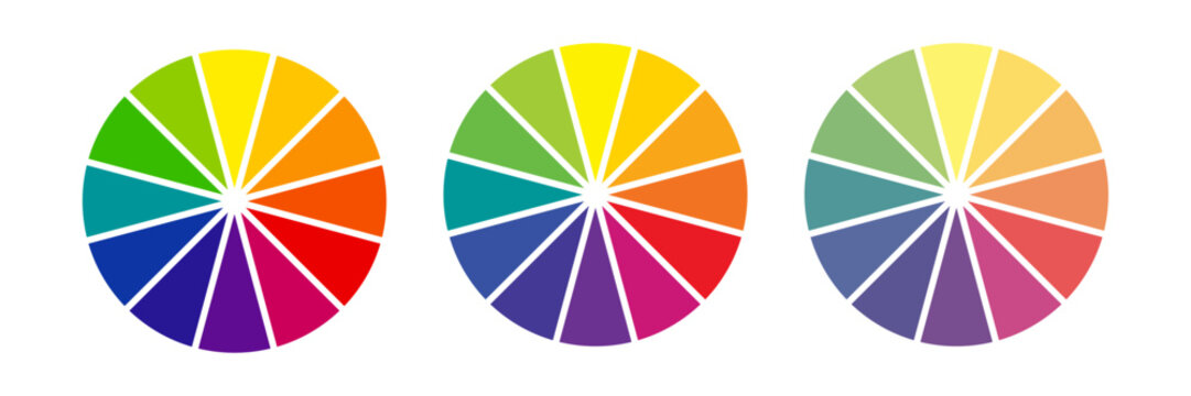 Color wheel chart circles. Bright rainbow spectrum divided into 12 equal segments on white background. Circular palette for color theory, design, or visual harmony. Vector illustrations set.