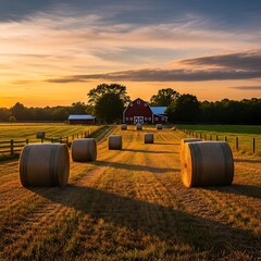 Golden Hour on a Rural Farm with Hay Bales and Barns.