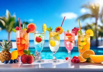 Refreshing Summer Cocktails by the Pool on Sunny Day. Set of five glasses near pool with amazing blue sky, Tropical cocktails assortment outdoors. Cold refreshment drinks in glass for pool party