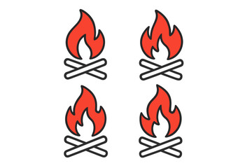 Four campfire icons featuring crossed logs and bright red flames