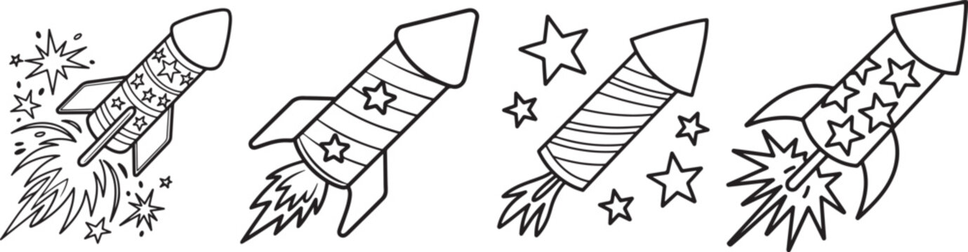 Set of Patriotic Firework Rocket with Stars Line Art, Coloring Book Page Line Art Drawing, Vector and Illustration