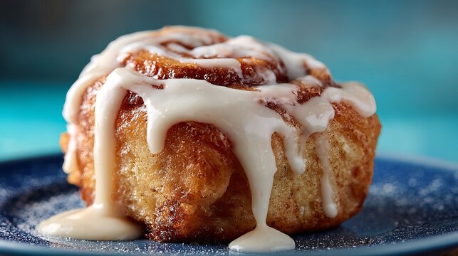 Freshly baked cinnamon roll with decadent icing dripping, a perfect treat for breakfast or dessert, close-up