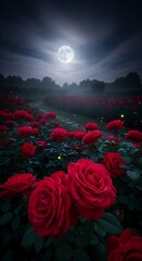 Crimson Roses Under Moonlight - A Romantic Night Garden.