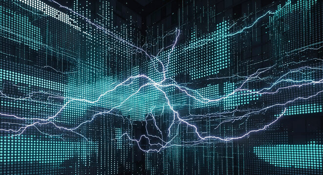   A 3D abstract digital background with glowing dots forming a pixelated space, reminiscent of the Matrix. Dynamic neon lines mimic electrical discharges. Color scheme: blue and black