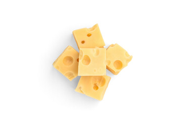 Maasdam cheese cubes isolated on white background.