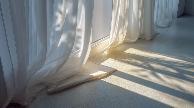 Sunlight streaming through sheer white curtains creates peaceful ambiance and elegant shadows in a modern space