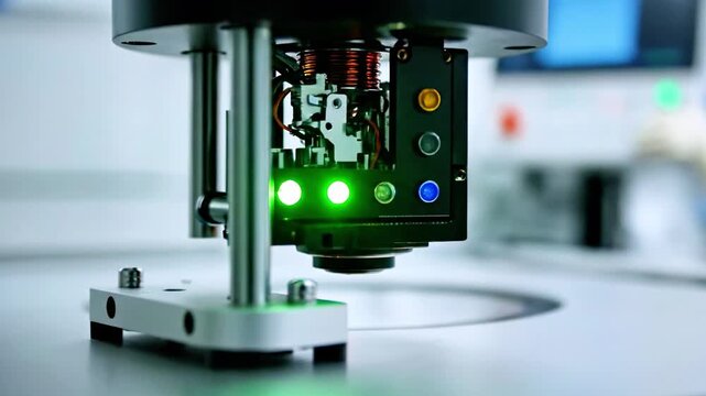 Precision scientific device lit with red, yellow, and blue lights, with blurred person in the background