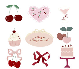 Cherry Valentine Aesthetic Clipart — Cute Love Icons, Hearts, Cupcakes, Bows, Pink Romantic Illustration