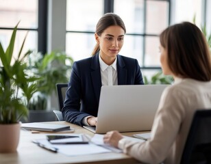 Fototapeta premium Businesswoman smiling and working on a laptop in the office.