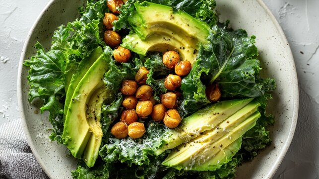 Fresh kale salad bowl with sliced avocado and roasted chickpeas. Healthy vegan lunch meal with green vegetables and plant protein on light background