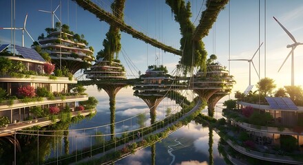 Futuristic Eco-City with Sustainable Architecture and Renewable Energy.