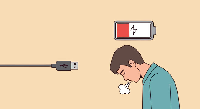 Illustration of man exhaling, low battery symbol and usb cable, symbolizing exhaustion, burnout, and need for energy recharge