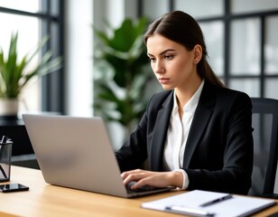 A focused businesswoman works on a laptop. A serious professional