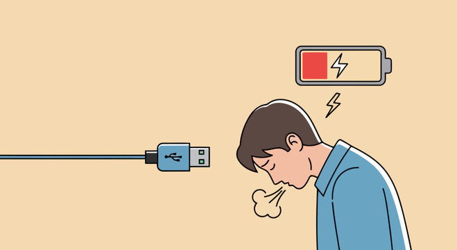 Illustration of man feeling exhausted and drained, with a low battery symbol and usb charging cable, symbolizing burnout and lack of energy