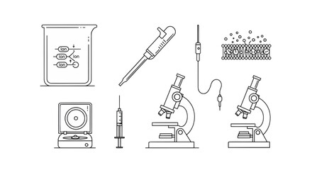 Scientific research laboratory equipment set microscope, beaker, pipette, and syringe icons