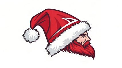 tylized cartoon illustration of a stern-faced man in profile, featuring a prominent, flowing red beard and wearing a classic red Santa hat with a white fluffy