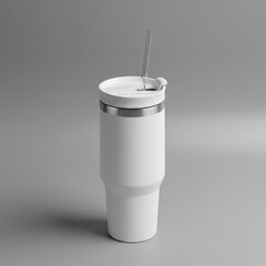 A clean and modern white insulated tumbler with a lid and straw perfect for beverages isolated on white background