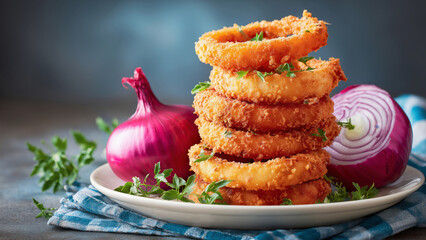 A fictional stack of golden, crispy homemade onion rings arranged on top of each other, with fresh red onions placed beside them, against a blue background. On blue-and-white checkered kitchen towel.