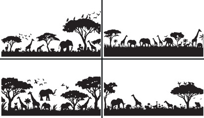 african wildlife silhouette set, savannah animals illustration, elephant and giraffe vector, wild nature artwork, african landscape design, safari animal poster, zebra and lion outline, wildlife scene © dhruvik