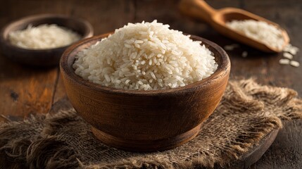Fresh white rice in wooden bowl on rustic table, perfect for culinary and food-related projects, healthy eating