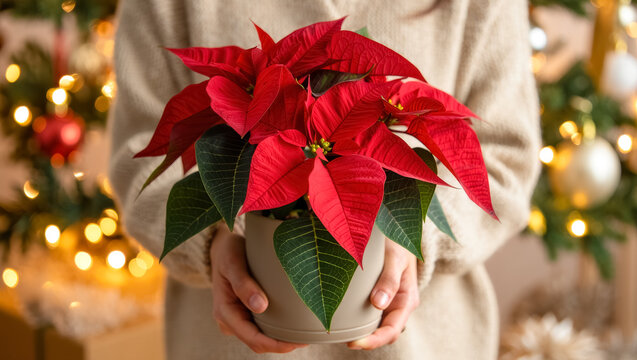 A person gently holds a vibrant red poinsettia in a simple pot against a warm, festive background with glowing Christmas lights, creating a cozy seasonal atmosphere
