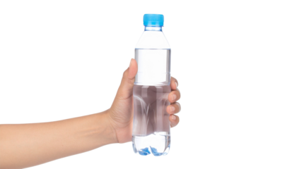 Hand holding water bottle beverage clear focus isolated on solid white background Png
