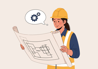 Illustration of female engineer wearing a hard hat and safety vest, carefully examining blueprints with gears icon in thought bubble, representing planning and construction