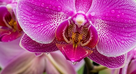 Close-up of a vibrant pink orchid with water droplets.