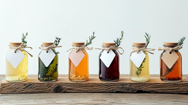 Six glass bottles with cork stoppers and twine, each containing a different colored liquid and herbs, displayed on a wooden plank.