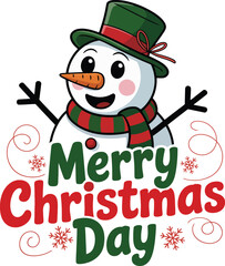 Festive Cartoon Snowman with Green Hat and Red Scarf Celebrating Merry Christmas Day with Decorative Snowflakes and Swirls ? Holiday Vector Illustratio