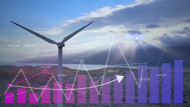 Rising global electricity prices and inflation shown with renewable wind turbines in the background. Energy cost increase