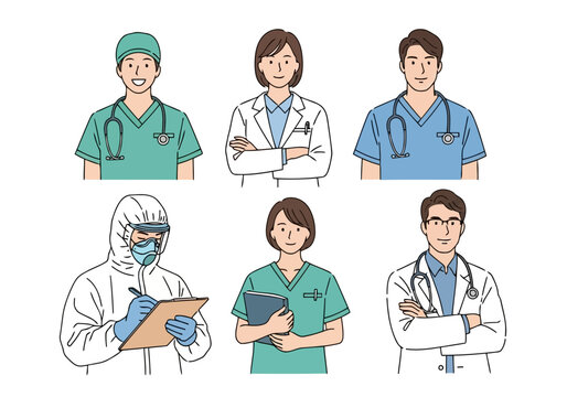 Illustration of a diverse group of six medical professionals, including doctors and nurses, some in protective gear