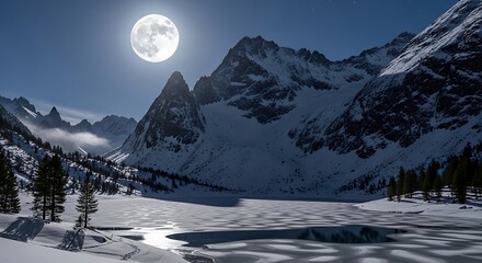 Full Moon Over Snowy Mountains and Frozen Lake at Night.