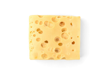 A piece of maasdam cheese isolated on white background