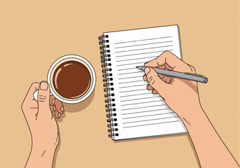 Illustration of overhead view of a persons hands holding a cup of coffee and writing in a notebook with a pen