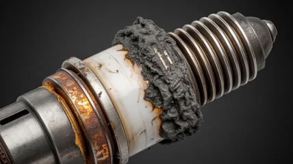 Overused Spark Plug: A close-up view reveals a worn-out spark plug, its tip covered in residue, showcasing the impact of wear and tear and its critical role in engine performance. 