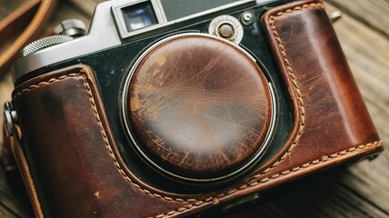 Vintage Camera with Leather Case: A timeless, retro camera is protected by a worn, yet elegant leather case, evoking a sense of nostalgia for a bygone era of photography.