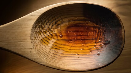 Amber Elixir: A macro shot of a wooden spoon holding a glistening amber liquid, inviting exploration into its rich texture and natural origins.