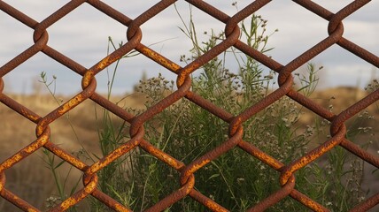 Rustic Grid: An abstract composition of weathered chain-link fence, showcasing its geometric pattern with the texture of rust and the subtle tones of nature.