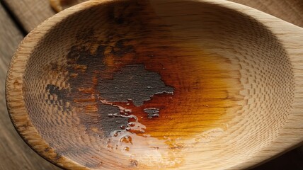 Wooden Spoon: Close-up of a well-used, wooden spoon with marks from use, conveying a sense of history and the art of cooking, perfect for culinary and lifestyle themes.